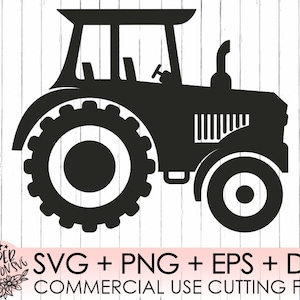 Puede incluir: Silueta en blanco y negro de un tractor con ruedas grandes.  SVG + PNG + EPS + DXF Archivos de corte de uso comercial.