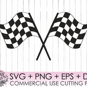 May include: Two black and white chequered racing flags crossed over each other. The image includes the text "SVG + PNG + EPS + DXF COMMERCIAL USE CUTTING FILES" and the logo "UNDER THE MOON SVG". The flags are set against a white wood grain background.