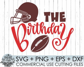 May include: Red and brown digital design featuring a football helmet, a football, and the text "The Birthday Boy".