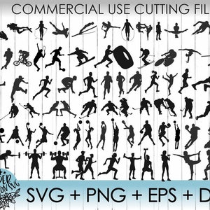 Puede incluir: Una descarga digital de 50 imágenes de silueta en blanco y negro de personas que participan en varios deportes y actividades. Las imágenes son aptas para uso comercial e incluyen el texto "SVG + PNG + EPS + DXF".