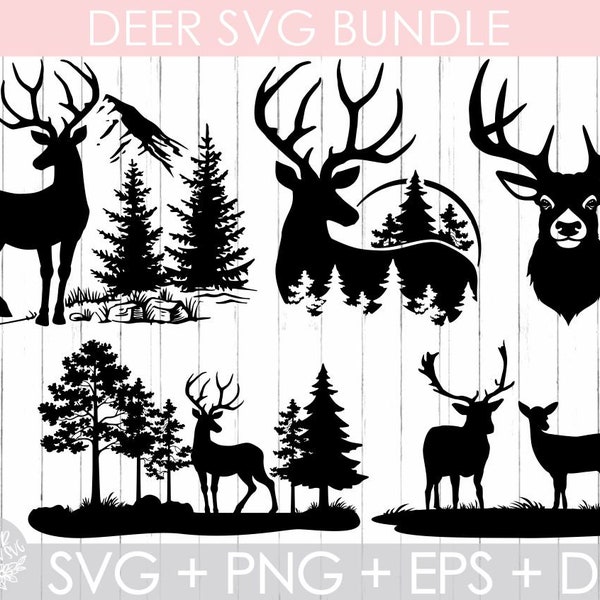 5 Deer Bundle Svg,Deer Svg,Nature Deer Svg file, Mountains svg file, Animals Svg, Deer Silhouette ,Deer Clipart , Deer Vector