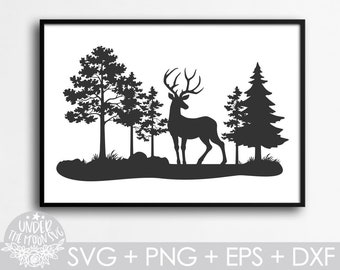 May include: Black and white silhouette of a deer standing in a forest with three trees. The deer is facing right and has antlers. The trees are all different shapes and sizes.