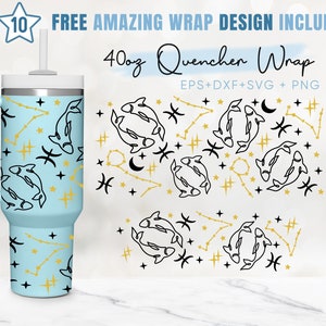 40oz Vissen Quencher Tumbler, Horoscoop Teken, Astrologie, 40oz Svg, 2 Ontwerpen Stanley Tumbler Wrap, Eps Svg Dxf Png-bestanden, Cricut Silhouet