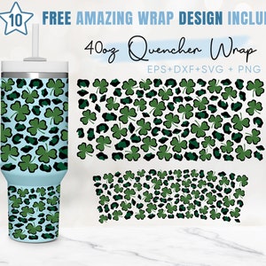 Vaso Quencher del Día de San Patricio de 40 oz, herradura, tréboles de cuatro hojas, 2 diseños Stanley Tumbler Wrap, archivos Eps Svg Dxf Png, plantilla Cricut