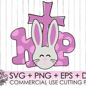 May include: A pink and grey bunny rabbit with a cross behind it. The bunny is holding a pink and white letter "H" and a pink and white letter "P". The letters are decorated with white polka dots. The image is for a commercial use cutting file.