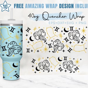 Puede incluir: Un vaso azul de 1,1 litros con un diseño negro y dorado que presenta el símbolo del zodíaco Géminis, estrellas y medias lunas. El vaso tiene un asa y una pajita. El texto "FREE AMAZING WRAP DESIGN INCLUDED" y "40oz Quencher Wrap" se muestra encima del vaso. El texto "EPS+DXF+SVG + PNG" se muestra debajo del vaso.