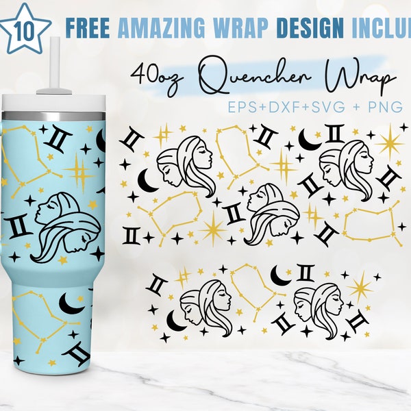 40oz Gemini Quencher Tumbler, Horoscope Sign, Astrology, 40oz Svg, 2 Designs Stanley Tumbler Wrap, Eps Svg Dxf Png Files, Cricut Silhouette