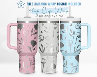 Envoltura para vaso de 40 oz con grabado floral, flor de línea, flor silvestre, primavera, envoltura para vaso de 40 oz, grabado láser, envoltura para vaso Stanley, diseño láser
