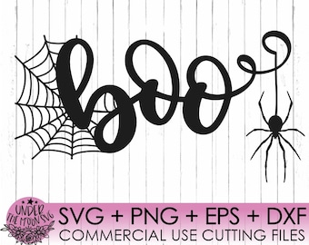 May include: Black and white digital design featuring the word "boo" in a handwritten font with a spider web and a spider hanging from the "o". The text "SVG + PNG + EPS + DXF COMMERCIAL USE CUTTING FILES" is at the bottom of the design.