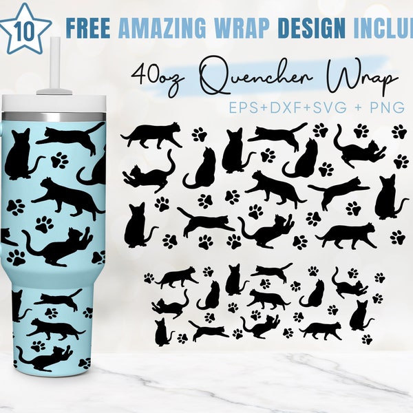 40oz Black Cat Quencher Tumbler, Cute Cat, Cat Lover, Cat Mom, Paw 40oz Svg, 2 Designs Stanley Tumbler Wrap,Eps Svg Dxf Png Files, Cricut