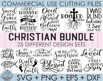 Puede incluir: Un paquete de descarga digital de 25 archivos de corte SVG, PNG, EPS y DXF con temática cristiana. Los diseños presentan varias citas y frases inspiradoras, que incluyen "Salvado por la gracia a través de la fe", "Sus hijos se levantan y la llaman bendita", "No tengas miedo, solo cree", "Arraigado en Cristo", "Estaba ciego pero ahora veo", "Camina por la fe", "Jesús te ama", "Sé el sol", "Amado", "Solo Jesús", "Camina por la fe", "Bendecido", "Jesús ama este lío caliente", y "Todos necesitan a Jesús".