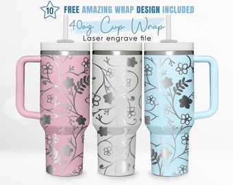 40oz Engraved Tumbler Wrap Floral, Line Flower, Wildflower, Spring, 40oz Quencher Wrap, Laser Engraving, Stanley Tumbler Wrap, Laser Design