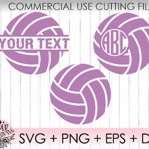 May include: Three purple volleyball designs for cutting files. The first design has the text "YOUR TEXT" on a banner across the middle of the volleyball. The second design has the letters "ABC" in a circle on the volleyball. The third design is a simple volleyball.