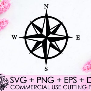 Puede incluir: Brújula en blanco y negro con las letras N, S, E y W. La brújula es un elemento de diseño gráfico para archivos de corte de uso comercial.