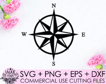 May include: Black and white compass with the letters N, S, E, and W. The compass is a graphic design element for commercial use cutting files.