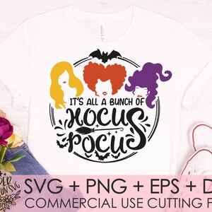 May include: A white t-shirt with a black and white graphic design featuring three witches with the text "It's all a bunch of Hocus Pocus".