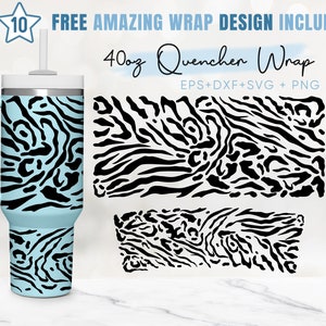 May include: A 40 ounce tumbler with a black and white zebra print design. The tumbler is blue and has a lid and straw. The image also includes a digital download of the design in EPS, DXF, SVG, and PNG formats.