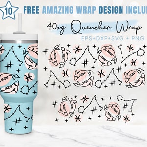 40oz Vissen Quencher Tumbler, Horoscoop Teken, Astrologie, 40oz Svg, 2 Ontwerpen Stanley Tumbler Wrap, Eps Svg Dxf Png-bestanden, Cricut Silhouet