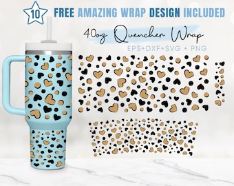 40oz Leopard Heart Quencher Tumbler, Animal Print, 40oz Svg, 2 Designs Stanley Tumbler Wrap, Eps Svg Png Files, Cricut Silhouette Template