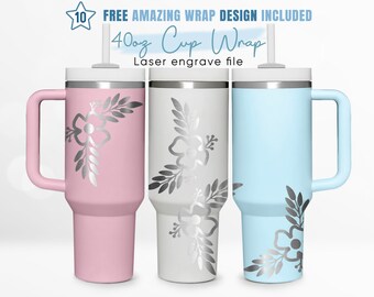 Envoltura para vaso de 40 oz grabada con diseño floral, flores, flores silvestres, amapola, envoltura para vaso de 40 oz, grabado láser, envoltura para vaso Stanley, diseño láser