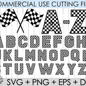 Puede incluir: Alfabeto de la A a la Z en patrón de cuadros blanco y negro. Archivos de corte de uso comercial. Formatos SVG, PNG, EPS y DXF.
