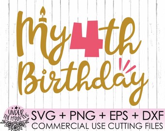 Puede incluir: Diseño gráfico en oro y rosa con el texto "My 4th Birthday" para una celebración de cumpleaños.