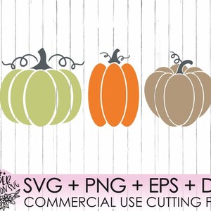 Könnte beinhalten: Drei Kürbis-Silhouetten in Grün, Orange und Braun, jede mit einem Stiel und lockigen Ranken. Das Bild enthält den Text "SVG + PNG + EPS + DXF COMMERCIAL USE CUTTING FILES".