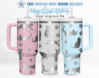 40oz Engraved Tumbler Wrap Cute Cat, Black Cat, Cat Lover, Gift For Her,40oz Quencher Wrap,Laser Engraving,Stanley Tumbler Wrap,Laser Design