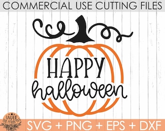 May include: A digital design featuring a pumpkin shape in orange with the words "HAPPY halloween" in black script. The design includes a black stem and vines, perfect for Halloween crafts. The text "COMMERCIAL USE CUTTING FILES" is at the top.