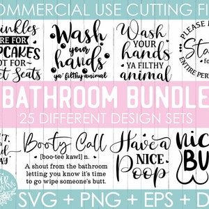 Puede incluir: Un conjunto de 25 archivos de corte digital SVG, PNG, EPS y DXF con temática de baño. Los diseños incluyen frases divertidas como "Las chispas son para los cupcakes, no para los asientos del inodoro" y "Lávate las manos, animal sucio".