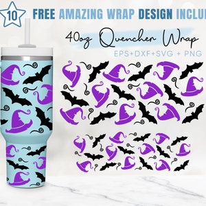 May include: A 40 ounce tumbler wrap design featuring a repeating pattern of purple witch hats and black bats on a light blue background. The design is available in EPS, DXF, SVG, and PNG formats.