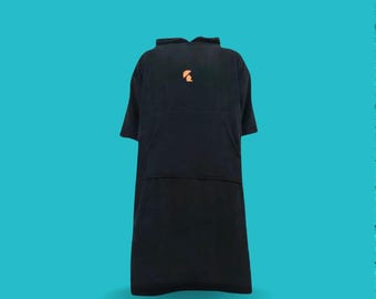 Black Embroidered Cotton Hooded Towel Poncho: Surf & Beach Changing Robe