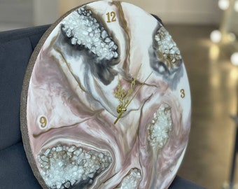 Beautiful 12\u201d White and Silver Geode Inspired Resin Wall Clock with Rocks.