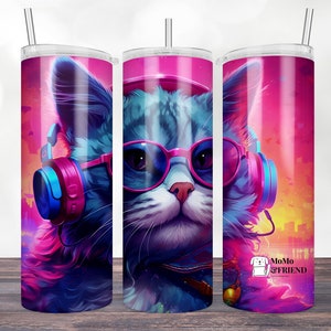 Lovely Glasses Cat Portrait 20oz Skinny Tumbler PNG, Digital Sublimation Design, Lovely Cat Portrait Design, Whimsical Cat Print