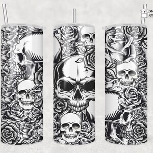 Skull with Flowers Burst Sublimation Skinny Tumbler Design, Skull and Floral Straight & Tapered Sublimation Wrap Design, skull tumbler