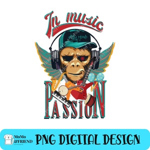 Retro Sublimations, Vintage Sublimations, Shirt Design, Sublimation Downloads, Png, Clipart, In Music Passion, Rock n Roll, Schimpanse
