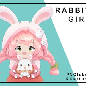 Niedliches Kaninchen Mädchen PNGTuber | 5 Ausdrücke | 2D Modell VTuber Vermögen | Veadotube l Chibi Mädchen