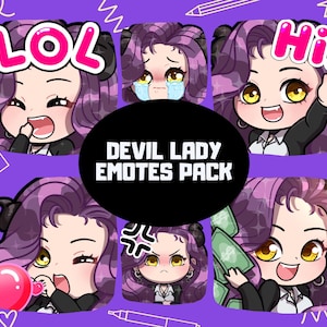 Puede incluir: Un conjunto de seis emoticonos animados de color morado y negro que representan a una diabla de dibujos animados con diferentes expresiones. Los emoticonos incluyen "LOL", "Llorando", "Hola", "Corazón", "Enojado" y "Dinero".