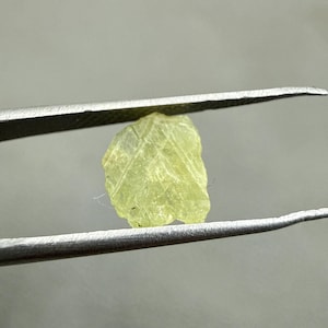 May include: A pale green, rough-cut gemstone is held by a pair of silver tweezers. The gemstone has a textured surface with visible lines and a slightly irregular shape. The background is a soft, neutral gray.