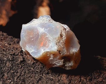 May include: A rough, uncut opal gemstone with a translucent, milky white appearance. The stone has flashes of orange and brown within its structure. The opal is set against a dark, textured background, highlighting its natural beauty.