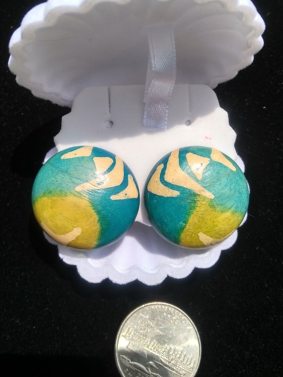 Vintage Hand-painted Wood Clip-On Earrings - image 1