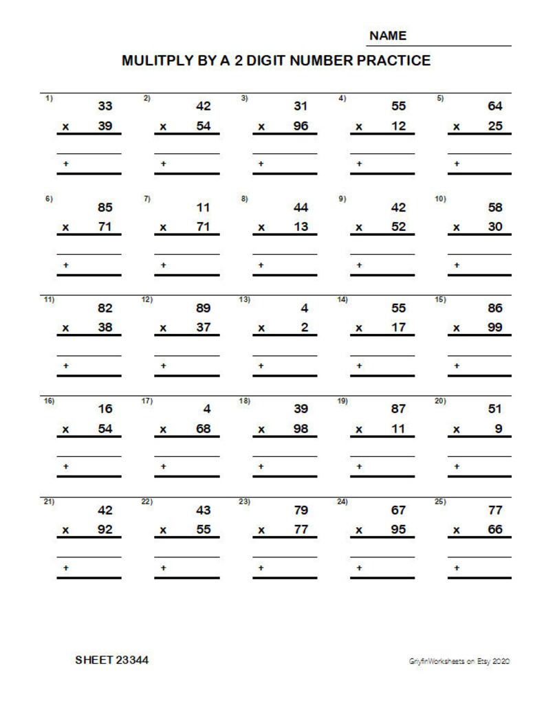 2 digit multiplication printable worksheet unlimited variety etsy