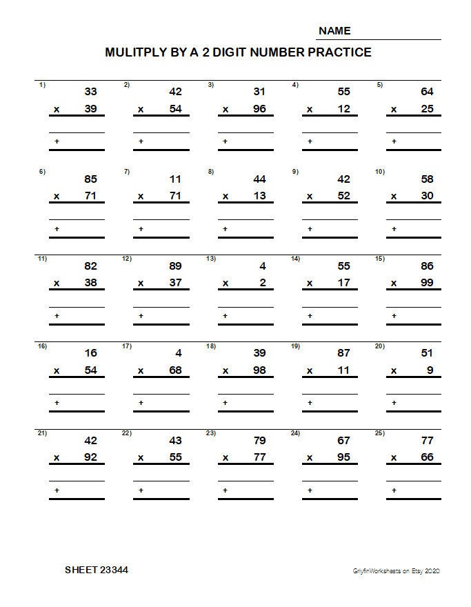 2 digit multiplication printable worksheet unlimited variety etsy