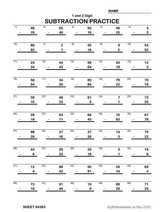 Homeschool math worksheets subtraction