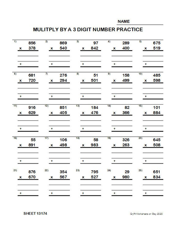 3 digit multiplication practice printable unlimited variety etsy