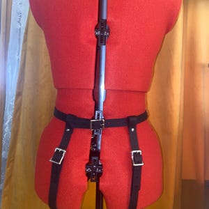 Puede incluir: Un maniqu&iacute; de tela roja con un arn&eacute;s y correas de cuero negro. El arn&eacute;s tiene una hebilla en la parte delantera y dos correas que van alrededor de las piernas.