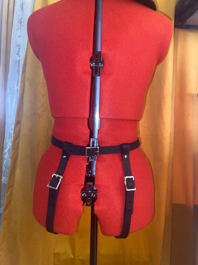 Puede incluir: Un maniqu&iacute; de tela roja con un arn&eacute;s y correas de cuero negro. El arn&eacute;s tiene una hebilla en la parte delantera y dos correas que van alrededor de las piernas.