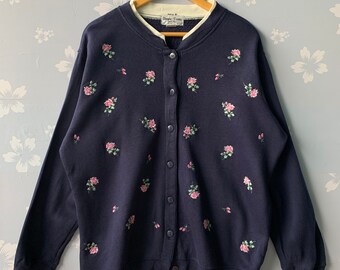 Vintage Bonnie Evans Flower sweatshirt Rose Flower Collared crewneck Bonnie Evan Embroided Flowers jumper sweater Blue Oversized sweater XL