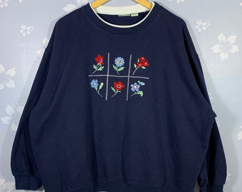 Vintage Classic Women Flowers sweatshirt Collared Flowers sweater Embroided Flower Collared crewneck Blue Oversized Jumper XL