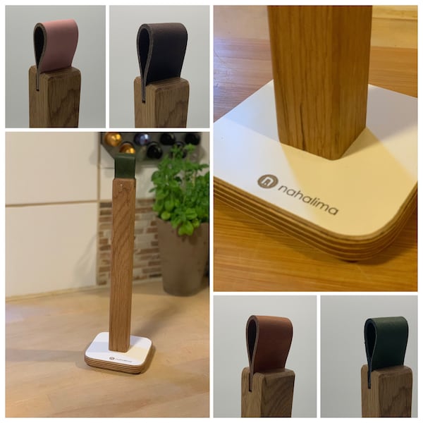 Küchenrollenhalter aus Holz, Küchenrolle, Haushaltsrolle, Küchenrollenhalter aus geölter Eiche mit Lederlasche